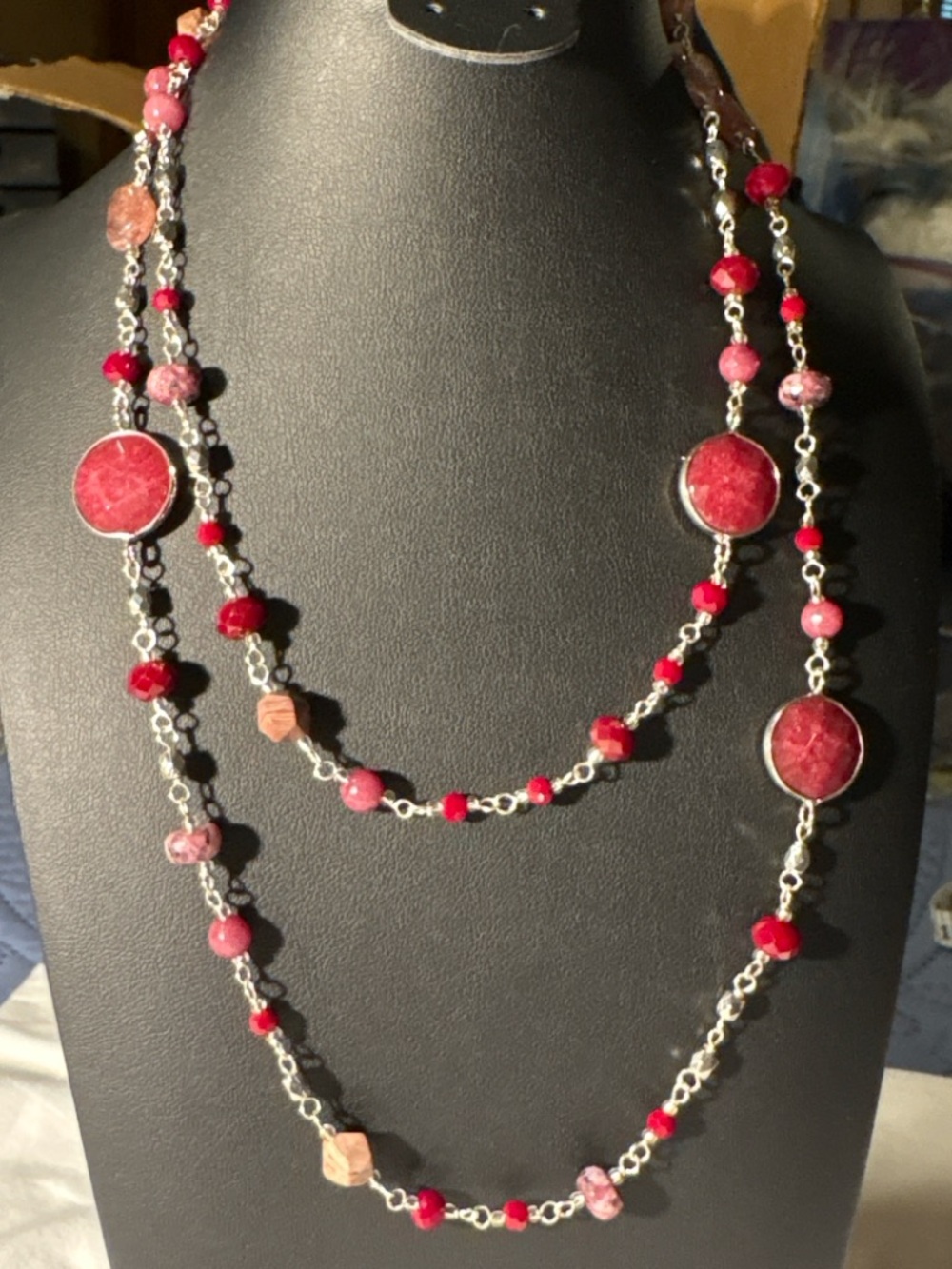 Nakamol Multi Strand Red Quartz Necklace Silver Tone Long Layered Boho Statement